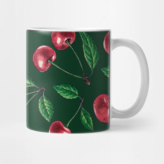 Red cherries on dark green by katerinamk